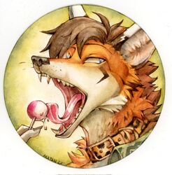  2022 akatan_(character) akatan_art anthro blue_eyes brown_hair candy canid canine cheek_tuft collar dated dessert facial_markings facial_tuft fangs food fox fur glistening glistening_eyes hair head_markings headshot_portrait hi_res licking lollipop male mammal markings mouth_shot narrowed_eyes neck_tuft open_mouth orange_body orange_collar orange_fur pink_tongue portrait signature simple_background solo tan_body tan_fur teeth tongue tongue_out traditional_media_(artwork) tuft 