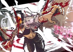  black_pants blood blood_on_clothes blood_on_face blood_on_hands blood_on_weapon blood_spray breasts chainsaw_man collared_shirt denji_(chainsaw_man) female genderswap_(mtf) glowing glowing_eye highres isaacchief300 medium_breasts midriff pants rule_63 sharp_teeth shirt solo teeth thick_thighs thighs weapon white_background white_shirt 