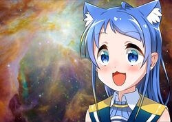  black_sailor_collar blue_eyes blue_hair cat_day commentary_request female kantai_collection kemonomimi_mode long_hair meme nebula oerba_yun_fang open_mouth parody sailor_collar samidare_(kancolle) school_uniform serafuku shirt sleeveless sleeveless_shirt smile solo space space_cat_(meme) swept_bangs upper_body very_long_hair yokoshima_(euphoria) 