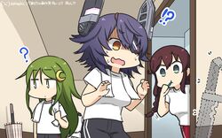  !? 4girls ? abyssal_ship alternate_costume black_pants braid brown_hair cowboy_shot crescent crescent_hair_ornament dated disappearance_outline dotted_line dress eyepatch green_eyes green_hair hair_ornament hamu_koutarou headgear highres kantai_collection long_hair multiple_girls nagatsuki_(kancolle) northern_ocean_princess noshiro_(kancolle) pants purple_hair red_pants shaded_face shirt short_hair standing sweat swept_bangs t-shirt tenryuu_(kancolle) toothbrush_in_mouth towel towel_around_neck track_pants twin_braids umbrella white_dress white_hair white_shirt yellow_eyes 