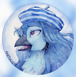  2022 absurd_res akatan_art anthro avian beak black_beak blue_body blue_clothing blue_fur blue_hair blue_hat blue_headwear bust_portrait clothing dated eyelashes female fur glistening glistening_eyes hair hat headgear headwear hi_res open_mouth pattern_clothing pattern_hat pattern_headgear pattern_headwear portrait purple_eyes purple_tongue signature simple_background solo striped_clothing striped_hat striped_headgear striped_headwear stripes tongue traditional_media_(artwork) white_clothing white_hat white_headwear 