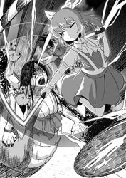  2girls absurdres ascot bow breasts cleavage closed_mouth collared_shirt commentary_request cookie_(touhou) daiyousei diyusi_(cookie) extra_arms full_body greyscale hairbow high-visibility_vest highres japanese_mythology jumping kankandara large_breasts long_hair looking_at_another monochrome multiple_girls one_eye_closed open_mouth pedestrians_only_sign ponytail road_sign shirt short_sleeves sign skirt touhou traditional_youkai traffic_baton tsugumi_amon vest 