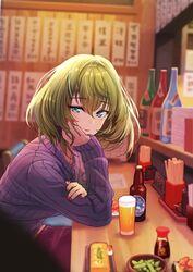  alcohol beer blue_eyes blurry blurry_background blurry_foreground blush bottle brown_hair can closed_mouth comiket_93 commentary_request cup depth_of_field elbow_rest female food green_eyes hair_between_eyes heterochromia idolmaster idolmaster_cinderella_girls indoors izakaya kagawa_ichigo looking_at_viewer mole mole_under_eye nail_polish red_nails ribbed_sweater short_hair sleeves_past_wrists smile solo sweater takagaki_kaede 