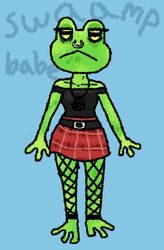  2020 alternative_fashion amphibian anthro biped black_clothing bottomwear breasts clothing english_text facial_piercing female fishnet_clothing fishnet_leggings fishnet_legwear frog goth green_body green_skin jewelry leggings legwear low_res necklace nose_piercing nose_ring piercing red_clothing ring_piercing skirt small_breasts solo squablodecomplash text topwear 