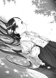  absurdres book dutch_angle female floating_hair greyscale highres honzuki_no_gekokujou leaf long_sleeves looking_at_viewer monochrome myne_(honzuki_no_gekokujou) puffy_long_sleeves puffy_sleeves shima_koume signature skirt smile solo upper_body 