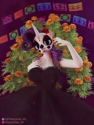  3:4 3d_(artwork) absurd_res accessory anthro big_breasts black_clothing black_dress blue_eyes bodypaint breasts calavera calavera_face_paint cempasuchil_(flower) clothed clothing day_of_the_dead digital_media_(artwork) dress equid equine face_paint female flower flower_in_hair flutterpink_3d friendship_is_magic hair hair_accessory hasbro hi_res holidays horn makeup mammal marigold_(flower) my_little_pony mythological_creature mythological_equine mythology plant purple_hair rarity_(mlp) skull_face_paint solo unicorn white_body 