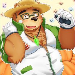  1:1 anthro bandage bear blush brown_body brown_fur chest_tuft clothing eyewear farmer food fruit fur glasses gloves handwear hat headgear headwear hi_res jewelry lifewonders male mammal necklace overweight overweight_male plant pumpkin ruoain solo straw_hat tokyo_afterschool_summoners tuft volos_(tas) 