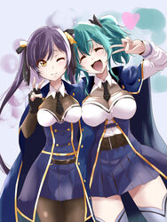  2girls :3 :d ;) aqua_hair assault_lily belt belt_buckle between_breasts black_belt black_gloves black_necktie black_ribbon blue_cloak blue_shirt blue_skirt breasts brown_pantyhose buckle buttons cleavage cloak closed_mouth collared_shirt cowboy_shot fingerless_gloves gloves grey_background hair_between_eyes hair_ribbon hand_up highres hishida_haru large_breasts long_hair long_sleeves looking_at_viewer medium_breasts medium_hair miniskirt multiple_girls necktie necktie_between_breasts o-ring o-ring_belt odaiba_girls_high_school_uniform one_eye_closed open_mouth pantyhose pleated_skirt purple_hair ribbon school_uniform shirt short_necktie side-by-side simple_background skirt smile standing suzuki_chinami swept_bangs thighhighs twintails two-tone_shirt urutsu_sahari v very_long_hair white_shirt white_thighhighs yellow_eyes yellow_ribbon zettai_ryouiki 