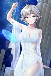  absurdres anastasia_(idolmaster) aqua_eyes aquarius_(symbol) aries_(symbol) arm_up bare_shoulders blush bracelet breasts cancer_(symbol) capricorn_(symbol) cleavage closed_mouth collarbone column constellation cowboy_shot dress elf female gem gemini_(symbol) grey_hair hair_ornament highres holding idolmaster idolmaster_cinderella_girls jewelry leo_(symbol) libra_(symbol) looking_at_viewer medium_breasts night night_sky outdoors pelvic_curtain pillar pisces_(symbol) pointy_ears sagittarius_(symbol) scorpio_(symbol) see-through shawl short_hair sky sleeveless sleeveless_dress smile solo star_(sky) starry_sky taurus_(symbol) virgo_(symbol) white_dress yuki_sizuku zodiac_wheel 