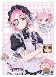  1boy :&lt; absurdres androgynous angry animal_ears animal_hands apron bell cat_ears cat_paws character_name chibi closed_eyes closed_mouth cloud crayon_shin-chan crossdressing crossed_arms dress english_text ensemble_stars! eyepatch framed hair_bell hair_ornament happy_birthday heart heart_eyepatch highres maid maid_apron maid_headdress male_focus male_maid meme milkuriem multiple_views name_tag otoko_no_ko oukawa_kohaku parted_bangs pink_dress pink_hair plaid plaid_background plaid_dress pointy_hair purple_eyes short_hair short_sleeves simple_background v-shaped_eyebrows wavy_mouth yawning 