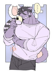  absurd_res anthro beverage black_hair coffee container cup domestic_cat drinking ellipsis felid feline felis fur hair hi_res lifewonders live_a_hero male mammal mug muscular muscular_anthro muscular_male pon20021202 purple_body purple_fur solo tail tired tsuneaki 