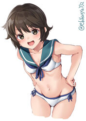  adapted_costume bikini blue_sailor_collar blush breasts brown_eyes brown_hair collarbone commentary_request cowboy_shot cropped_legs ebifurya female hands_on_own_hips highres kantai_collection leaning_forward looking_at_viewer miyuki_(kancolle) navel one-hour_drawing_challenge open_mouth sailor_collar short_hair simple_background small_breasts smile swimsuit twitter_username white_background white_bikini 