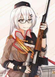  absurdres aiguillette assault_rifle badge belt bespectacled black-framed_eyewear black_belt black_gloves black_headwear brown_jacket closed_mouth commentary_request cross dragunov_svd epaulettes female girls&#039;_frontline glasses gloves grey_eyes grey_hair gun hair_between_eyes hair_ornament hairclip hat_ornament highres holding holding_gun holding_weapon jacket lapels long_hair looking_away muteppona_hito notched_lapels partially_fingerless_gloves red_star red_trim rifle russian_text scope simple_background sleeve_cuffs sleeves_past_elbows smile sniper_rifle solo star_(symbol) star_hat_ornament svd_(girls&#039;_frontline) uniform upper_body weapon weapon_case weapon_name white_hair 