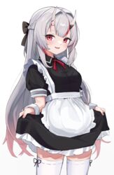  :d absurdres alternate_costume apron blush braid breasts commentary_request cowboy_shot enmaided female french_braid gradient_hair grey_hair highres hitachi_sou hololive horns long_hair looking_at_viewer maid multicolored_hair nakiri_ayame oerba_yun_fang partial_commentary red_eyes red_hair simple_background skin-covered_horns skin_fang skirt_hold small_breasts smile solo standing streaked_hair thighhighs virtual_youtuber waist_apron white_background white_thighhighs wrist_cuffs zettai_ryouiki 