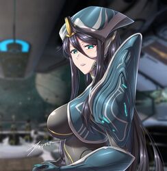  armor banshee_(warframe) black_hair blue_eyes blurry blurry_background bodysuit breasts commentary english_commentary eyelashes female headgear humanization large_breasts long_hair looking_at_viewer looking_back shoulder_armor signature skin_tight solo warframe zxpfer 