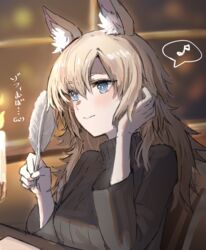  absurdres animal_ear_fluff animal_ears arknights blonde_hair blue_eyes breasts brown_sweater candle closed_mouth commentary_request female hair_between_eyes hair_ribbon hand_in_own_hair highres holding holding_quill horn/wood horse_ears horse_girl long_hair long_sleeves looking_ahead medium_breasts musical_note quill ribbon sitting smile solo spoken_musical_note sweater translated upper_body weapon whislash_(arknights) 