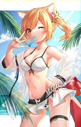  alternate_costume animal_ear_fluff animal_ears arknights armpits bare_shoulders bikini bikini_skirt blonde_hair breasts cleavage collarbone cowboy_shot day female food front-tie_bikini_top front-tie_top groin hair_ornament hand_on_own_hip hand_up highres jacket leaf long_hair long_sleeves looking_at_viewer medium_breasts mouth_hold nail_polish navel ocean off_shoulder official_alternate_costume one_eye_closed open_clothes open_jacket orange_eyes outdoors pink_nails popsicle rukinya_(nyanko_mogumogu) see-through side_ponytail sidelocks skirt solo sora_(arknights) sora_(summer_flowers)_(arknights) standing stomach string_bikini sunlight swimsuit thigh_strap thighs w white_bikini white_skirt wolf_ears 