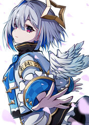  absurdres amane_kanata amane_kanata_(1st_costume) angel angel_wings armband asymmetrical_bangs bad_id bad_pixiv_id blue_hair blunt_bangs bob_cut bow bowtie colored_inner_hair dress feathered_wings female frills from_side grey_hair hair_between_eyes hair_over_one_eye halo hand_up high_collar highres hololive jacket long_sleeves looking_at_viewer looking_to_the_side medium_hair multicolored_hair parted_lips pension_z petals plaid purple_eyes sailor_collar sidelocks single_hair_intake solo star_halo upper_body virtual_youtuber white_background wide_sleeves wings wrist_cuffs 