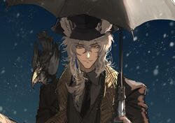  1boy animal_ears animal_on_shoulder arknights bird black_headwear black_necktie blue_background ears_through_headwear fedora grey_eyes grey_hair grey_umbrella hair_between_eyes hat holding holding_umbrella leopard_boy leopard_ears light_smile long_hair looking_at_viewer male_focus necktie official_alternate_costume ryuuzaki_ichi silverash_(arknights) silverash_(york&#039;s_bise)_(arknights) tenzin_(arknights) umbrella upper_body 