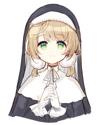  black_dress blonde_hair brown_hair capelet closed_mouth cosplay cropped_torso dress female gloves green_eyes habit hair_ornament hands_up indie_virtual_youtuber long_sleeves low_twintails meito_(maze) neck_ribbon nijisanji nun official_alternate_hairstyle own_hands_clasped own_hands_together pom_pom_(clothes) pom_pom_hair_ornament ribbon shigure_ui_(vtuber) short_hair short_twintails simple_background sister_claire sister_claire_(1st_costume) sister_claire_(cosplay) smile solo traditional_nun twintails upper_body veil virtual_youtuber white_background white_capelet white_gloves white_ribbon 