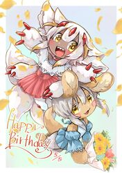  1other :3 animal_ears blush bouquet brown_fur claws dress extra_arms extra_tails faputa female furry happy_birthday highres holding holding_bouquet horizontal_pupils made_in_abyss mumu_yu_mu nanachi_(made_in_abyss) narehate open_mouth petals rabbit_ears sharp_teeth tail teeth whiskers yellow_eyes 