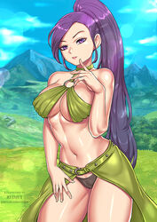  artist_name bare_shoulders black_panties blue_sky bra breasts cape dragon_quest dragon_quest_xi female green_bra green_cape high_ponytail large_breasts lens_flare long_hair martina_(dq11) midriff mountain navel o-ring o-ring_top panties patreon_username photoshop_(medium) ponytail purple_eyes purple_hair redjet sky solo underboob underwear very_long_hair waist_cape 