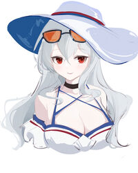  absurdres arknights black_choker breasts choker cleavage criss-cross_halter eyewear_on_head female grey_hair hair_between_eyes halterneck hat highres large_breasts long_hair looking_at_viewer orange-tinted_eyewear parted_lips red_eyes sanqianqianqianqian_w shirt simple_background skadi_(arknights) skadi_(waverider)_(arknights) solo sunglasses tinted_eyewear upper_body white_background white_hat white_shirt 