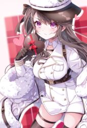  absurdres azur_lane bare_shoulders black_gloves black_hair black_thighhighs blush breasts coat commentary_request female fur_trim gloves hat highres large_breasts leer.meer long_hair long_sleeves looking_at_viewer pamiat_merkuria_(azur_lane) purple_eyes smile solo thighhighs valentine white_hat 