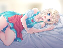  :d apron bare_arms bare_shoulders bed_sheet blonde_hair blue_dress blue_eyes bow breasts cleavage collarbone commentary_request detached_sleeves dragon_quest dragon_quest_xi dress emma_(dq11) eyelashes female fujimura_hinami hair_between_eyes highres long_hair looking_at_viewer lying on_side open_mouth pink_apron pink_bow puffy_detached_sleeves puffy_short_sleeves puffy_sleeves sheet_grab short_sleeves smile solo straight_hair waist_apron 