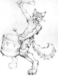  3_toes akatan_art anthro barefoot bottomwear canid canine canis cheek_tuft claws closed_eyes clothed clothing digitigrade drum drumming_stick facial_tuft fangs feet fluffy fluffy_tail full-length_portrait greyscale happy male mammal monochrome musical_instrument open_mouth open_smile pants paws percussion_instrument percussion_mallet playing_music portrait shirt shorts simple_background smile solo standing t-shirt tail teeth toes tongue tongue_out topwear traditional_media_(artwork) tuft unsigned wolf 