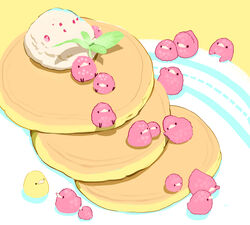  berry bird chai_(drawingchisanne) food food_focus fruit garnish highres no_humans original pancake plate raspberry simple_background sweets_bird whipped_cream 