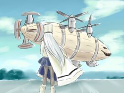  aircraft azur_lane black_pantyhose blurry blurry_background boots cloud cloudy_sky coat command_&amp;_conquer command_&amp;_conquer:_red_alert_2 commentary_request depth_of_field dirigible female final_fantasy final_fantasy_vii from_behind grey_hair hat kirov_(azur_lane) kirov_airship long_hair mks_daisenpai name_connection pantyhose parody sky solo very_long_hair 