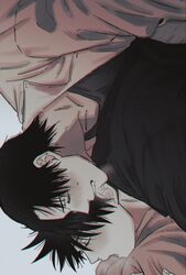  2boys black_hair black_shirt blush breath closed_eyes clothed_sex commentary_request fushiguro_megumi fushirun_rung highres implied_sex jacket jujutsu_kaisen korean_commentary long_sleeves male_focus moaning multiple_boys okkotsu_yuuta open_clothes prone_bone shirt short_hair sideways spiked_hair sweat yaoi 