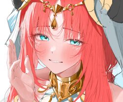  absurdres blue_eyes blush choker close-up fake_horns female genshin_impact highres horns long_hair looking_at_viewer nilou_(genshin_impact) red_hair smile solo tarutaru_(ryousuke) tiara unfinished veil 