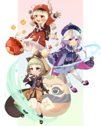  3girls :d absurdres ahoge animal_ears animal_hood arm_guards arms_up asoko_(user_takc5354) backpack bag bag_charm bead_necklace beads black_gloves black_scarf bloomers boots brown_footwear brown_gloves brown_scarf cabbie_hat cape charm_(object) chinese_clothes clover_print coat coin_hair_ornament commentary_request daruma_doll dodoco_(genshin_impact) fake_animal_ears fake_tail fingerless_gloves fingers_together fishnets full_body genshin_impact gloves grey_hair hair_between_eyes hair_ornament hat hat_feather hat_ornament highres hood japanese_clothes jewelry jiangshi jumpy_dumpty klee_(genshin_impact) knee_boots kneehighs light_brown_hair lolicon long_hair long_sleeves looking_at_viewer low_ponytail low_twintails muji-muji_daruma_(genshin_impact) multiple_girls necklace ninja obi ofuda outstretched_arms parted_lips pocket pointy_ears purple_eyes purple_hair qingdai_guanmao qiqi_(genshin_impact) raccoon_ears raccoon_hood raccoon_tail randoseru red_coat red_eyes red_headwear sash sayu_(genshin_impact) scarf short_hair short_sleeves shuriken sidelocks smile socks spread_arms standing standing_on_one_leg tail thighhighs twintails underwear vision_(genshin_impact) weapon white_legwear 