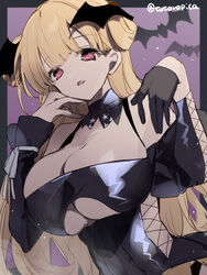  alternate_costume alternate_eye_color black_border black_gloves blonde_hair border breasts cleavage cosplay detached_collar double_bun female fletcher_(kancolle) gloves hair_bun half_gloves head_wings highres johnston_(kancolle) johnston_(kancolle)_(cosplay) kantai_collection large_breasts long_hair oerba_yun_fang open_mouth picoli1313 purple_background red_eyes single_glove solo twitter_username two-tone_background upper_body wings 