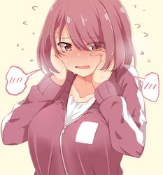  blush breasts commentary_request dou-t female full-face_blush hair_over_one_eye highres hoshino_miyako_(wataten) jacket large_breasts open_mouth red_eyes red_jacket red_track_suit shirt short_hair simple_background solo sweat track_jacket track_suit watashi_ni_tenshi_ga_maiorita! white_shirt 