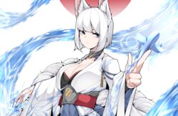  :/ absurdres animal_ears azur_lane blue_eyes blue_fire blue_skirt breasts cleavage expressionless eyeshadow female fire flight_deck fox_ears fox_girl fox_tail hand_up highres holding_paper_airplane japanese_clothes japanese_flag kaga_(azur_lane) kimono kitsune large_breasts long_sleeves looking_at_viewer makeup medium_hair multiple_tails no_mask outstretched_arms pleated_skirt pointing pointing_at_viewer print_kimono red_eyeshadow red_sun rigging samip short_hair skirt slit_pupils solo staring tail upper_body white_hair white_kimono wide_sleeves 