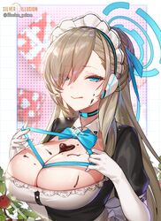  :q asuna_(blue_archive) black_choker black_dress blue_archive blue_bow blue_bowtie blue_eyes blurry blurry_background blush bow bowtie breasts brown_hair candy chocolate chocolate_on_body chocolate_on_breasts choker cleavage closed_mouth dress elbow_gloves female food food_on_body gift gloves glowing hair_over_one_eye halo headgear heart heart-shaped_chocolate hwansang_jungdog large_breasts long_hair looking_at_viewer maid maid_headdress melting mole mole_on_breast puffy_short_sleeves puffy_sleeves short_sleeves smile solo tongue tongue_out twitter_username underbust upper_body valentine very_long_hair white_gloves 