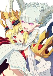  2girls ahoge blonde_hair blue_hair braid crown dress facial_mark fate/grand_order fate_(series) gold_crown highres horns hug larva_tiamat_(fate) larva_tiamat_(first_ascension)_(fate) long_sleeves multiple_girls navel nero_claudius_(fate) open_mouth pink_eyes pirohi_(pirohi214) pointed_crown queen_draco_(fate) queen_draco_(second_ascension)_(fate) red_eyes smile symbol-shaped_pupils tiamat_(fate) upper_body white_background white_dress x-shaped_pupils 