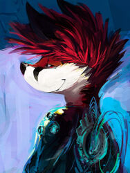  3:4 anthro black_body black_fur black_markings black_nose canid canine cheek_tuft duncan_(oselotti) facial_markings facial_tuft fox fur fur_markings futuristic_suit glistening glistening_eyes glistening_nose hair half-closed_eyes head_markings hi_res male mammal markings narrowed_eyes oselotti red_body red_eyes red_fur red_hair simple_background smile smirk solo tuft white_body white_fur 