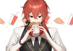  1boy bad_id bad_twitter_id blush burger covered_mouth cup diluc_(genshin_impact) diluc_(kfc)_(genshin_impact) disposable_cup drinking_straw eating fast_food food food_wrapper genshin_impact hair_between_eyes hair_ribbon highres holding holding_food kfc kkopoli korean_commentary lettuce long_hair looking_at_viewer male_focus necktie red_eyes red_hair ribbon simple_background sleeves_rolled_up solo star_(symbol) turkey_(food) 