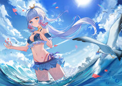  absurdres bikini bikini_skirt bird blue_bikini blue_eyes blue_hair blue_nails blue_sky blunt_bangs blush breasts chinese_commentary cleavage closed_mouth cloud day detached_sleeves female floating_hair frills genshin_impact hair_ornament hair_ribbon highres jewelry kamisato_ayaka light_blue_hair long_hair medium_breasts multi-strapped_bikini navel neck_ring outdoors palm_tree petals ponytail ribbon seagull side-tie_bikini_bottom sidelocks sky solo standing sunlight swimsuit tassel tree tress_ribbon very_long_hair wading water yi_(saver5607) 