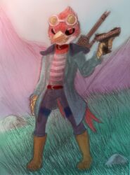  2015 anthro assault_rifle avian avian_(starbound) beak belt bird boots claws clothed clothing collar eyewear eyewear_on_head feathers feet footwear fur goggles goggles_on_head grass gun handgun hi_res holding_gun holding_object holding_ranged_weapon holding_weapon jacket looking_at_viewer maladash male mountain outside pistol plant ranged_weapon red_body red_eyes red_feathers rifle rock shoulder_pads sky smile solo starbound talons toes topwear traditional_media_(artwork) unknown_artist weapon 