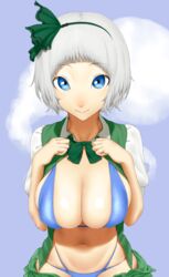  bikini blue_bikini blue_eyes bow bowtie breast_suppress breasts closed_mouth female gishu green_bow green_bowtie green_hairband green_skirt green_vest grey_hair hairband hairbow hands_up highres konpaku_youmu konpaku_youmu_(ghost) large_breasts looking_at_viewer multi-strapped_bikini navel open_clothes open_shirt open_skirt open_vest puffy_short_sleeves puffy_sleeves purple_background shirt short_hair short_sleeves skirt smile solo swimsuit touhou vest white_shirt 