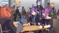  6+girls ahoge ambiguous_gender amiya_(arknights) animal_ears arknights bare_shoulders beagle_(arknights) blonde_hair blue_eyes blue_gloves blue_hair blue_skirt bracelet brown_hair cafeteria chair chopsticks closed_eyes doctor_(arknights) eating egg_(food) exusiai_(arknights) fang_(arknights) feather_hair food fried_egg gloves green_shirt gummy_(arknights) hair_ornament halo hand_up hat hibiscus_(arknights) highres holding holding_chopsticks horns ifrit_(arknights) infection_monitor_(arknights) jacket jessica_(arknights) jewelry kroos_(arknights) lava_(arknights) long_sleeves matterhorn_(arknights) medium_hair megusuri_nodoame_kuensan menu multiple_girls name_tag necklace necktie open_clothes open_jacket open_mouth orange_hair originium_(arknights) pointing pointy_ears poster_(object) purple_eyes purple_hair rabbit_ears red_hair ring salute shaw_(arknights) shirt short_hair short_sleeves short_twintails shoulder_spikes silence_(arknights) skirt sora_(arknights) spiked_bracelet spikes symbol-shaped_pupils table tooth_necklace twintails vigna_(arknights) yawning 