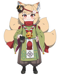  animal_ear_fluff animal_ears bell black_footwear blush brown_hair brown_hakama closed_mouth commentary_request female fox_ears fox_girl fox_tail full_body green_kimono hakama hakama_pants hand_on_own_hip highres indie_virtual_youtuber japanese_clothes jingle_bell kamiya_ris kimono kitsune kuro_kosyou long_sleeves looking_at_viewer multiple_tails pants red_eyes shoes short_eyebrows simple_background smile solo standing tail thick_eyebrows virtual_youtuber white_background wide_sleeves 