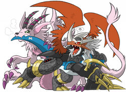  angry arm_blades armor bandai_namco bite claws cross-popping_vein digimon digimon_(species) dragon duo feral fight fur green_eyes horn imperialdramon magnadramon mythological_creature mythological_scalie mythology pink_body pink_fur portugueselynx red_eyes scalie sharp_teeth tail teeth wings 