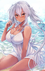  absurdres alternate_costume breasts brown_eyes commentary_request dark-skinned_female dark_skin dress female glasses grey_hair hair_between_eyes highres holding holding_removed_eyewear kantai_collection large_breasts long_hair mashiro_yukiya musashi_(kancolle) musashi_kai_ni_(kancolle) sidelocks sitting smile solo sundress twintails unworn_eyewear very_long_hair wariza white_dress 