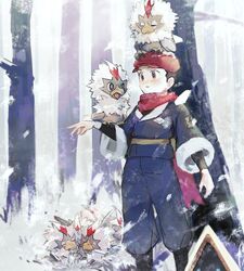  1boy bare_tree bird black_shirt blush grey_jacket grey_pants hat highres jacket logo male_focus maumaujanken on_head pants parted_lips pokemon pokemon_(creature) pokemon_legends:_arceus pokemon_on_head red_headwear red_scarf rei_(pokemon) rufflet scarf shirt short_hair snorunt snowing tree 